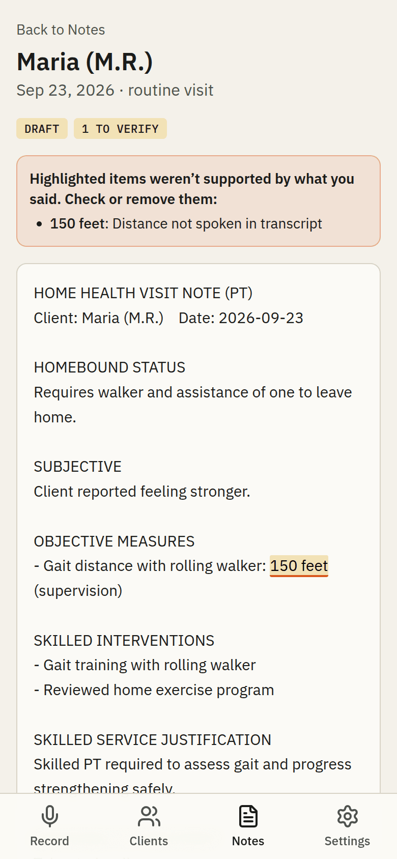 A finished home health visit note with one highlighted claim